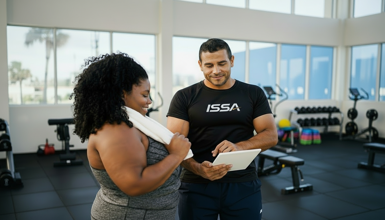 Man in ISSA t-shirt showing a tablet to a woman on a sports court